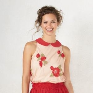 DISNEY SNOW WHITE by LAUREN CONRAD Blouse Embroidered Peach Red Floral Medium